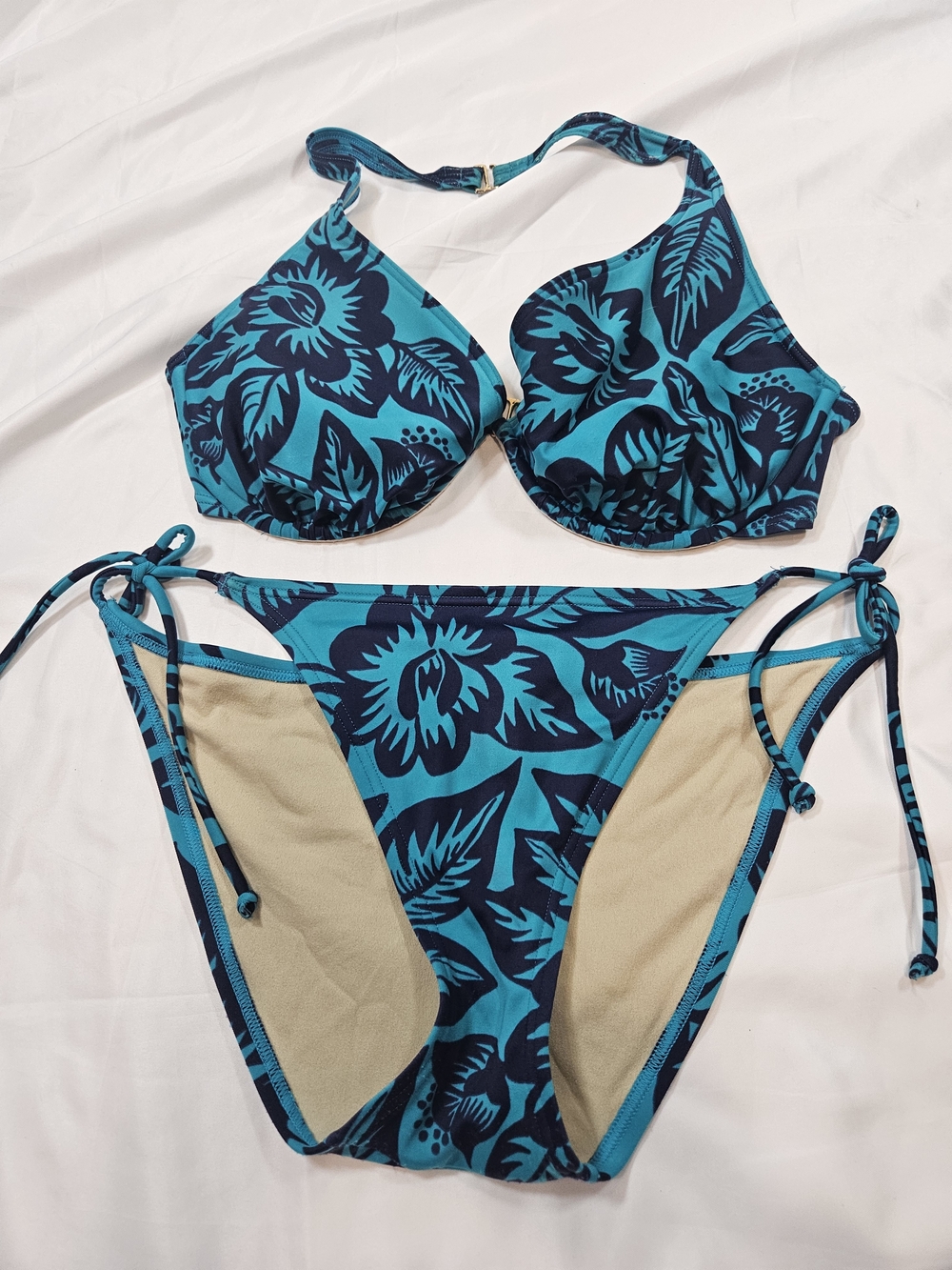 Victoria's Secret Teal and Navy Floral Tie-Side Bikini Set